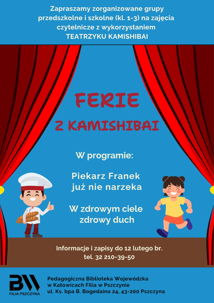 Plakat zajęć feryjnych dla przedszkolaków w bibliotece pedagogicznej w Pszczynie